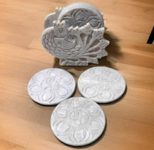 Juego de 6 Posavasos de Mármol Blanco con Diseño de Pavo Real, Calidad de Exportación, en Blanco y Azul - Product Image 3