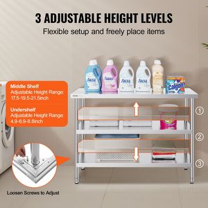 18 X 48 X 34 Inch Commercial <b>Kitchen</b> Worktable Stainless Steel Food <b>Prep</b> <b>Table</b> with 2 Adjustable Undershelf Heavy Duty <b>Prep</b> - Product Image 5
