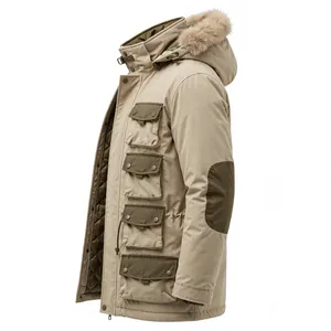 <b>Men's</b> Beige Hooded Puffer <b>Jacket</b> Waterproof Thick Polyester Autumn <b>Long</b> Coat Regular Fit Zipper Closure Sporty Casual - Product Image 4