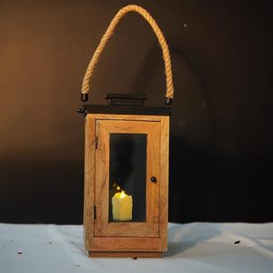 Farol de vela cuadrado de madera rústica con asa de cuerda, decoración rústica hecha a mano para Pascua y Navidad - Product Image 2