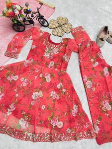 Designer Red Floral Anarkali Suit Set with Dupatta Girls Children Ethnic <b>Wedding</b> Party Wear Dress for Winter Summer - Product Image 3