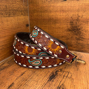 Premium Quality Personalizable Tooled <b>Leather</b> Western Replacement Purse Strap or Camera Strap With Antique Brass Finish Snaps - Product Image 2