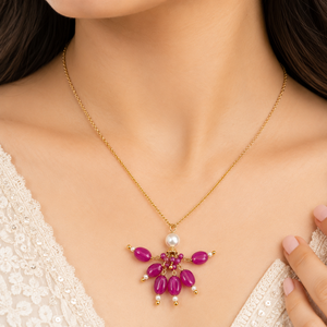 Custom Rhodium Plated Necklace Ruby Gemstone Bead Cluster Pendant Freshwater Pearl Accent Cable <b>Chain</b> Fine Women Luxury Gift - Product Image 1