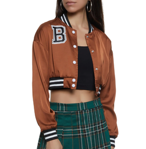Trendy Women's Black Varsity Jacket Full Sleeve Short Length Letter B Embroidered Front Autumn Style - Product Image 4