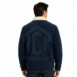 Custom <b>Mens</b> <b>Navy</b> Blue Sherpa Jacket Cream Turn Down Collar Full Zip <b>Fleece</b> Outerwear with Chest Zipper Pocket - Product Image 3