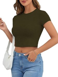 T-shirt court en coton et élasthanne pour femme, imprimé personnalisé, col rond, respirant, tricoté, décontracté - Product Image 1