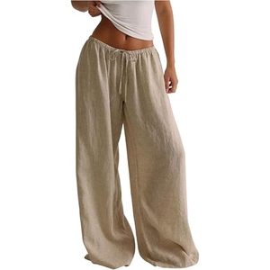 Women's <b>Linen</b> <b>Palazzo</b> <b>Pants</b> Low Waist Casual Wide Leg Long Trousers with Pockets - Product Image 1