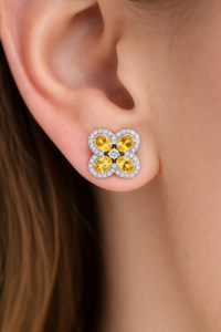 925 <b>Silver</b> <b>Stud</b> <b>Earrings</b> Yellow Zircon Flower Clover Shape Ear <b>Studs</b> with Clear Stone Halo for Women - Product Image 3