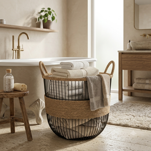 Panier de rangement en fil métallique noir avec poignées en corde de jute naturelle, organisateur de décoration rustique pour la maison, panier pour la cuisine, la salle de bain et la buanderie - Product Image 6