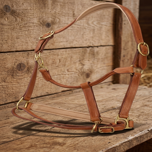 Licol en cuir pour cheval réglable à double boucle, noir, marron, beige, en cuir véritable avec quincaillerie en laiton - Product Image 2