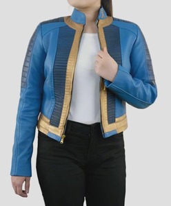 แจ็คเก็ตหนังคอสเพลย์ Fallout สีน้ำเงิน ชุด Vault ทรงเข้ารูปสำหรับผู้หญิง เสื้อคลุมฮาโลวีน แจ็คเก็ตบอมเบอร์ ของขวัญสำหรับเกมเมอร์ ทำด้วยมือ - Product Image 3