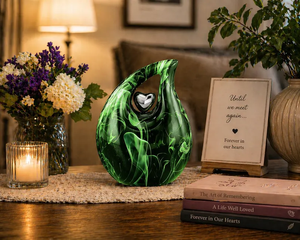 Urne funéraire en métal marbré vert en forme de goutte d'eau pour cendres, vase commémoratif décoratif avec découpe en forme de cœur, fourniture funéraire pour adulte, 220 cm³ - Product Image 6