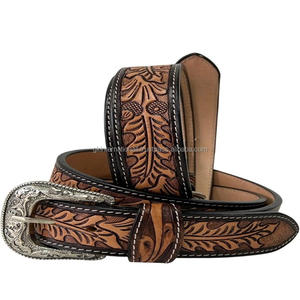 Ceinture en cuir pleine fleur unisexe, élégante, avec motif feuille sculpté à la main et gaufrage, style western, pour la vente en gros - Product Image 2