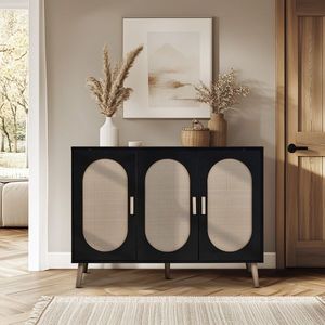 FCH 3-Door Vertical Shoe Cabinet Particle Board <b>Plastic</b> Rattan Black <b>Frame</b> Original Wood Rattan Surface Gold High Feet Shoe Rack - Product Image 5