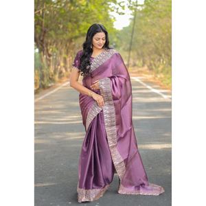 DISEÑADOR BORDADO EN SEDA ZARI y CUT WORK SAREE CON BLUSA SIN COSTAR VINO - Product Image 1