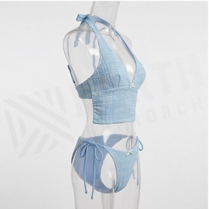 Women's Light <b>Blue</b> Halter <b>Bikini</b> <b>Set</b> With Tie Side Bottoms And Drawstring Detail Regular Fit Two Piece Swimwear - Product Image 3