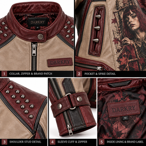 Tan Burgundy Leather Jacket Women Gothic Forest Moon Graphic <b>Studded</b> Snap Neck <b>Belted</b> Cuff Biker Coat Custom Manufacturer Offer - Product Image 6