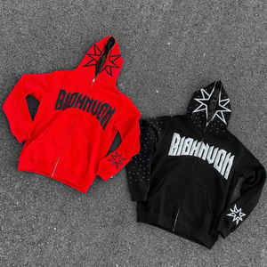 Vêtements de rue de luxe personnalisés 3D Puff Print Logo Oversize French Terry Full Zip up Cropped Rhinestone Hoodies - Product Image 2