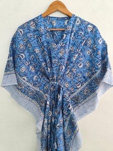 Elegante Vestido Kaftán de Algodón con Estampado Floral Azul, Estilo Bohemio, Holgado, Informal, Largo, para Mujer - Product Image 3