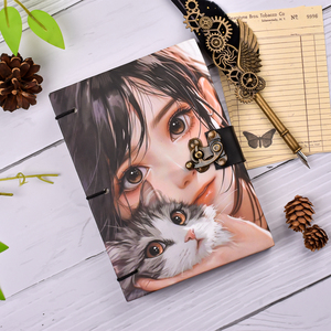 Cute Girl & Cat Illustration Lock Diary <b>A5</b> Handmade Journal Aesthetic Anime Style Notebook with Metal Lock for Personal Writing - Product Image 2