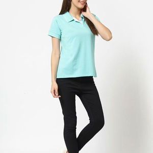 Women <b>Short</b> <b>Sleeve</b> Polo Shirt Solid Color Contrast Collar <b>Button</b> <b>Up</b> Casual Knitted Top Custom Logo - Product Image 2