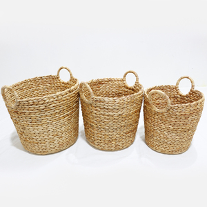 Paniers de rangement écologiques en jacinthe d'eau avec poignées, forme ronde, style nordique, ensemble de paniers de rangement multi-usages pour la lessive - Product Image 3