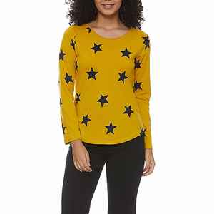 T-shirt jaune pour femme, T-shirt à manches longues, T-shirt à imprimé étoile, T-shirt à col rond, haut en coton tricoté décontracté, coupe régulière, toutes saisons - Product Image 4