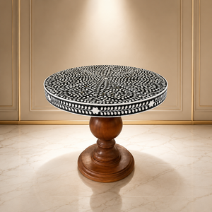 Table basse ronde en bois avec incrustations de os, faite à la main, table à manger moderne 4 places pour salon, sur mesure - Product Image 1