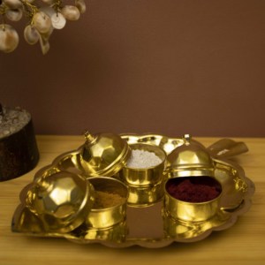 Brass Leaf Design Aarti <b>Plate</b> Set with Three Kumkum Containers for Pooja, Temple Rituals and Festive Gifting - Product Image 1