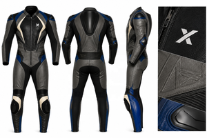Combinaison de moto en cuir sur mesure conçue par un designer |   Noir Bleu Ivoire |   Fabricant OEM ODM |   Qualité de conception haut de gamme |   Course automobile - Product Image 6