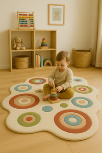 Tapis de luxe de qualité supérieure, forme irrégulière, blanc avec motif géométrique circulaire, pièce unique pour la décoration de bureau - Product Image 1