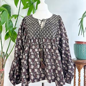 Pure Cotton Bohemian Blouse Top Earthy Floral Embroidered Pattern Summer Comfy Daywear Tank Indian Bagru Block Print Casual Top - Product Image 1
