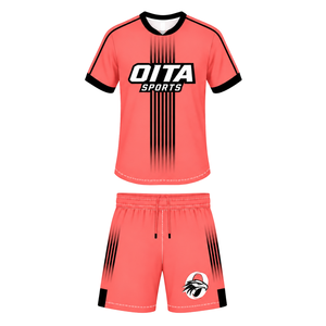 Conjunto de Rugby Rojo Coral y Negro, Jersey de Manga Corta con Cuello Redondo y Pantalones Cortos a Juego, Uniforme Deportivo Transpirable para Entrenamiento de Equipo - Product Image 1