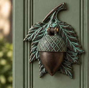 Timbre para Puerta con Diseño de Hoja de Roble y Placa Trasera Texturizada con Acabado Verdigris, Herraje Decorativo Inspirado en la Naturaleza - Product Image 3