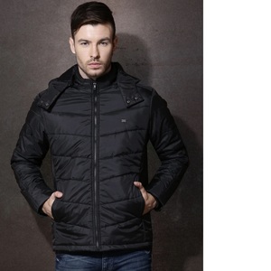 Blouson matelassé noir pour homme, à capuche, fermeture éclair frontale, col montant, coupe ajustée, coupe-vent, en polyester, couleur unie, pour l'hiver - Product Image 6