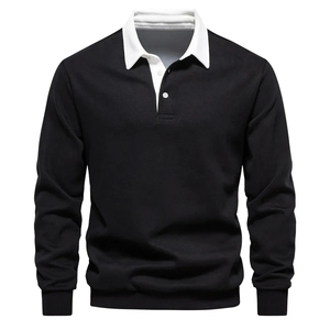 <b>Men</b> Long Sleeve Knitted <b>Polo</b> Shirt Solid Color Casual Wear Black <b>White</b> Collar Regular Fit Anti-Pilling Design Casual Streetwear - Product Image 1