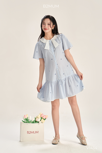 Robe de maternité en lin doux B2 MUM V1434, tissu respirant écologique, détail nœud, silhouette trapèze, taille élastique ajustable - Product Image 3