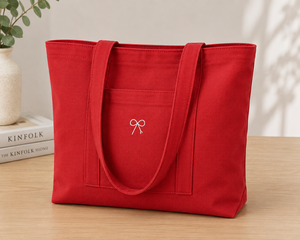 <b>Red</b> Canvas Tote Bag With <b>Bow</b> Embroidery Solid Color Minimalist Style All Seasons Shopping Bag - Product Image 3