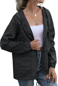 Men's Waterproof Hooded Windbreaker <b>Rain</b> <b>Jacket</b> Solid Color Casual Zipper Front Black Polyester Spring Outdoor Wear - Product Image 2