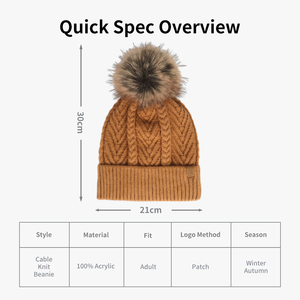 Bonnet en tricot torsadé 100% acrylique unisexe adulte hiver automne couleur unie avec revers et pompon chaud style décontracté 56-58CM - Product Image 3