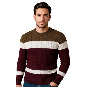 Pull en maille torsadée rayé décontracté pour homme, col rond, color block, coupe ajustée, chaud, automne-hiver, pull tendance pour homme - Product Image 1