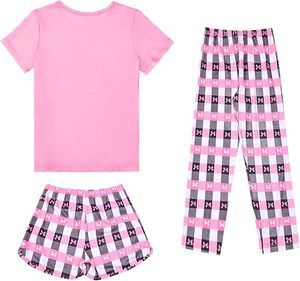 Ensemble pyjama pour bébé fille, rose à carreaux, t-shirt, pantalon, short, coton respirant, spandex, vêtements de nuit d'été, col rond, manches courtes, 3 pièces - Product Image 2