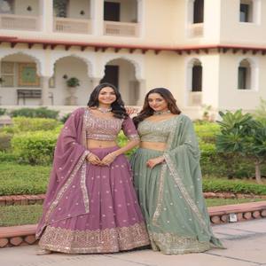 VASTRA COTTAGE Lehenga Choli de Diseño Georgette con Lentejuelas y Bordado Zari, Lehenga Completamente Cosida, Blusa Sin Coser y Dupatta - Product Image 6