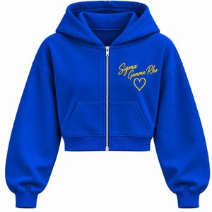 Sudadera con capucha azul real con cremallera completa, bordado de Sigma Gamma Rho en dorado y corazón, sudadera de forro polar personalizada con bolsillos delanteros - Product Image 1