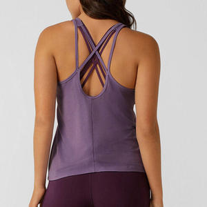 Women's Purple Scoop Neck Tank <b>Top</b> With <b>Cross</b> Back Design Breathable Knitted Sporty Fit Solid Color Workout Wear - Product Image 3