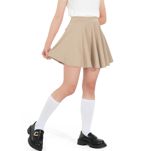 Falda plisada beige para niñas, tela tejida, mini falda acampanada lisa con bolsillos, ropa informal para la escuela - Product Image 1
