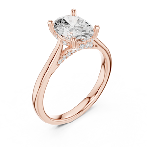 Anillo de compromiso y boda solitario de oro con corte ovalado, halo y gemas laterales redondas, para mujer, con montura de garras. - Product Image 5