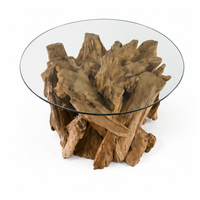 Table basse ARTERRA en racine de teck décorative de qualité supérieure avec plateau en verre, design cylindrique moderne, meubles pour la maison, pour le salon