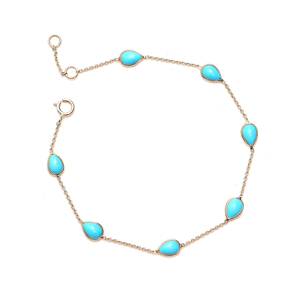 Natural Sky-Blue Turquoise Station <b>Bracelet</b> in Solid 18K Yellow Gold Bezel Set Gemstone Floating Chain December Birthstone - Product Image 1