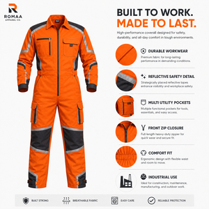 Custom Orange Black Hi Visibility Spandex Reflective Workwear Coverall Heavy Duty Industrial Mechanic Uniform Cargo Pockets - Product Image 3